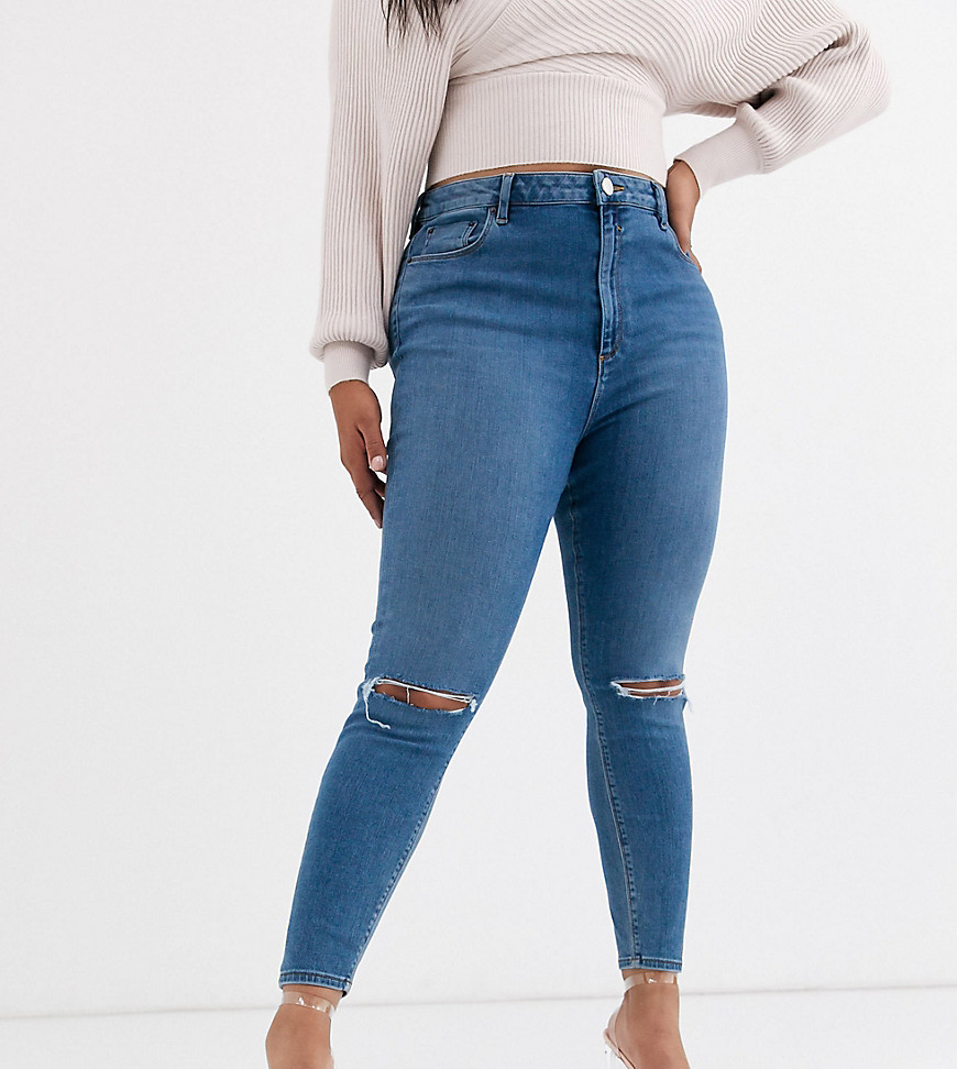 ASOS DESIGN Curve – Ridley – Stentvättade skinny jeans med hög midja och revor-Blå