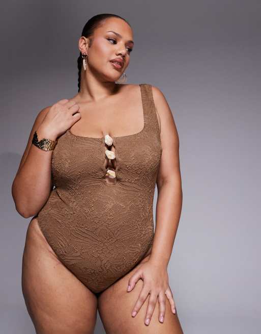 ASOS DESIGN Curve Riley Revenge square neck sculpting resin swimsuit in mocha, 3 of 4