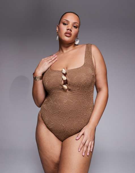 ASOS DESIGN Curve Riley Revenge square neck sculpting swimsuit with resin cut out detail in mocha - view 1