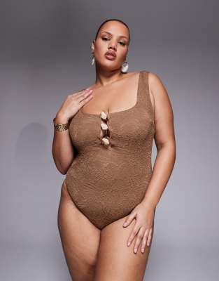 Asos Curve Asos Design Curve Riley Square Neck Resin Trim Sculpting Revenge Swimsuit In Brown