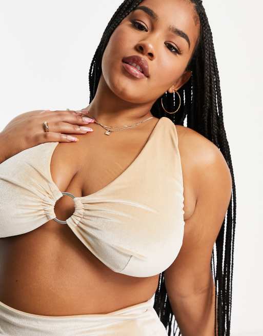 ASOS DESIGN Curve ring crop bikini top in champagne velvet