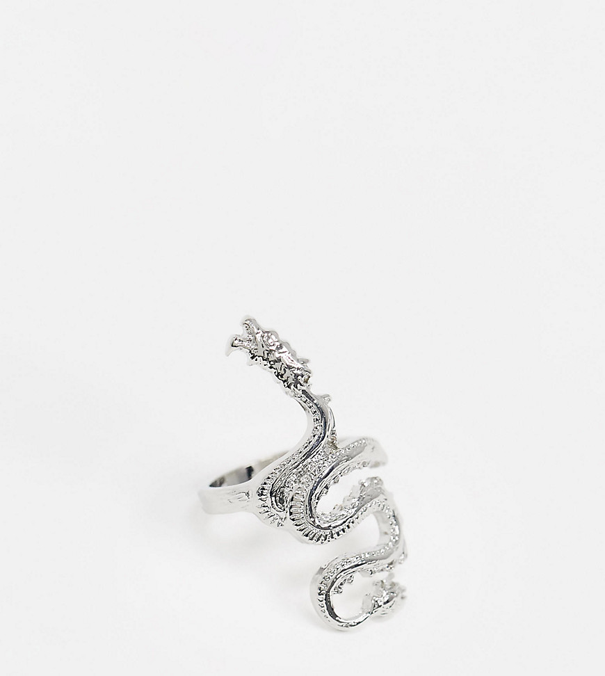 ASOS DESIGN Curve ring in dragon design in silver tone