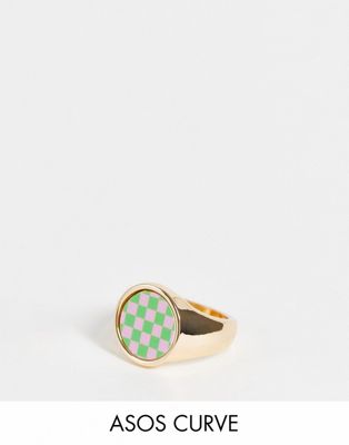 ASOS DESIGN Curve ring in green and pink checkboard design in gold tone