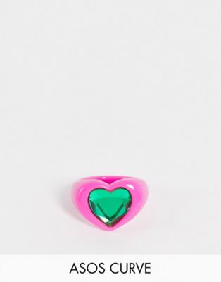 ASOS DESIGN Curve ring in heart shape with emerald green jewel in hot pink plastic