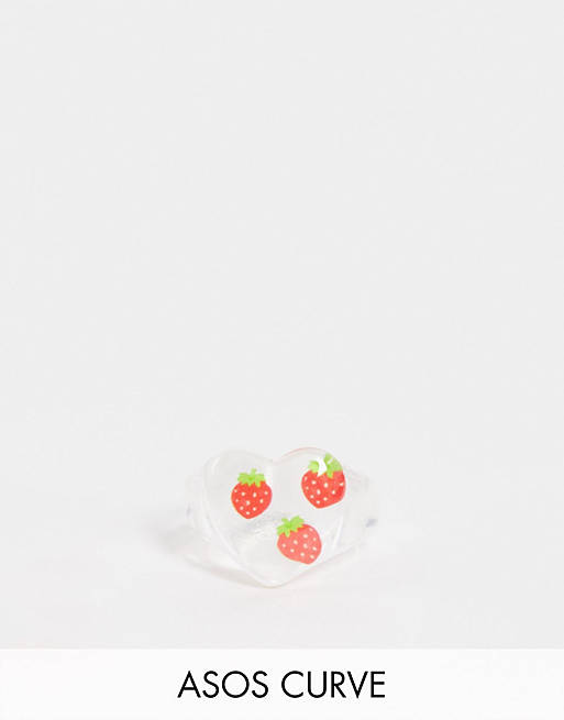 ASOS DESIGN Curve ring in heart shape with trapped strawberries in clear plastic