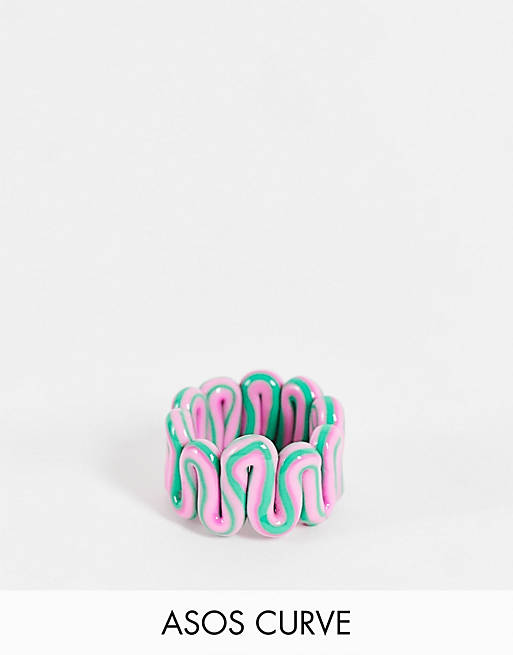 ASOS DESIGN Curve ring in plastic chubby swiggle design in green and pink marble