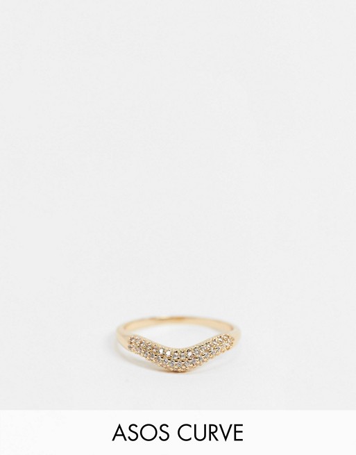 ASOS DESIGN Curve ring in V shape with crystals in gold tone