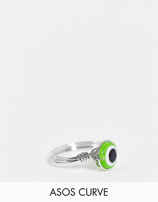 ASOS DESIGN Curve ring in wire design with green eye in silver tone