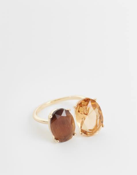 ASOS DESIGN Curve - Ring met dubbel ingezette amberstenen in goudkleur - view 1