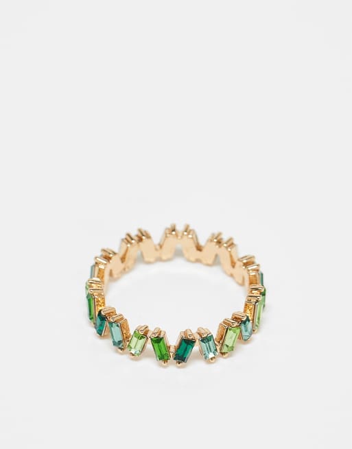 ASOS DESIGN Curve - Ring met rechthoekige groene steentjes in dezelfde kleurschakering in goudkleur