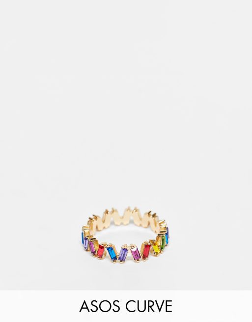 ASOS DESIGN Curve - Ring met regenboogkleurige kristallen in goudkleur