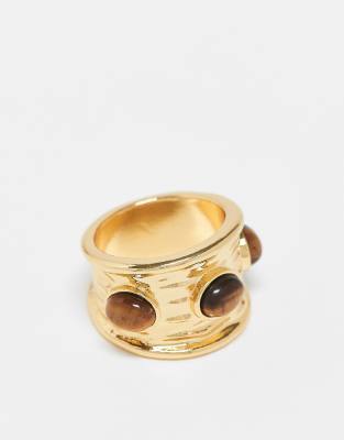 ASOS DESIGN Curve - Ring mit echten Tigerauge-Halbedelsteinen und 14-Karat-Vergoldung-Goldfarben