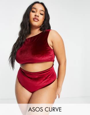 ASOS DESIGN Curve ring side swimsuit in red velvet