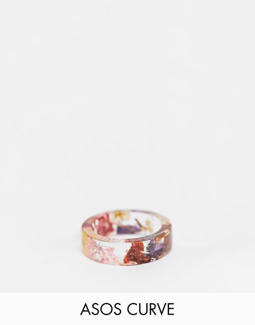 ASOS DESIGN Curve ring with colorful flowers in clear plastic resin