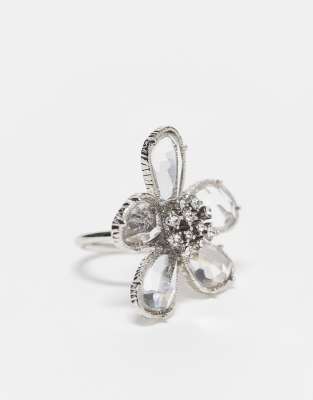 ASOS DESIGN Curve ring with crystal floral detail in silver tone