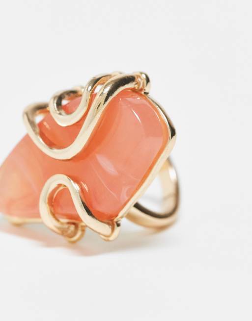 ASOS DESIGN Curve ring with faux semi precious pink stone in gold tone, 2 of 3