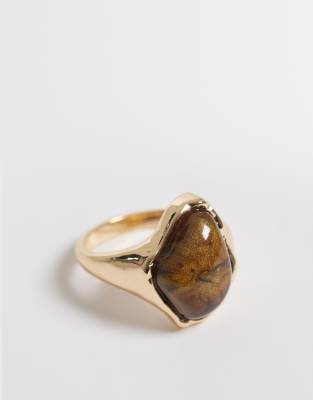 Asos Curve Asos Design Curve Ring With Faux Tigers Eye In Gold