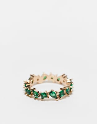 ASOS DESIGN Curve ring with mixed shape emerald crystal in gold tone