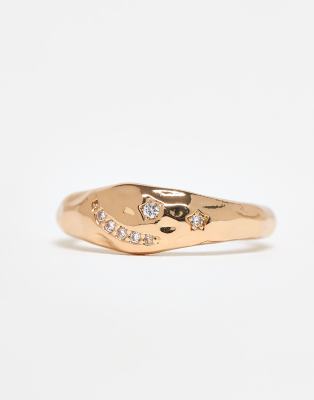 Asos Curve Asos Design Curve Ring With Molten Texture And Cz Stones In Gold