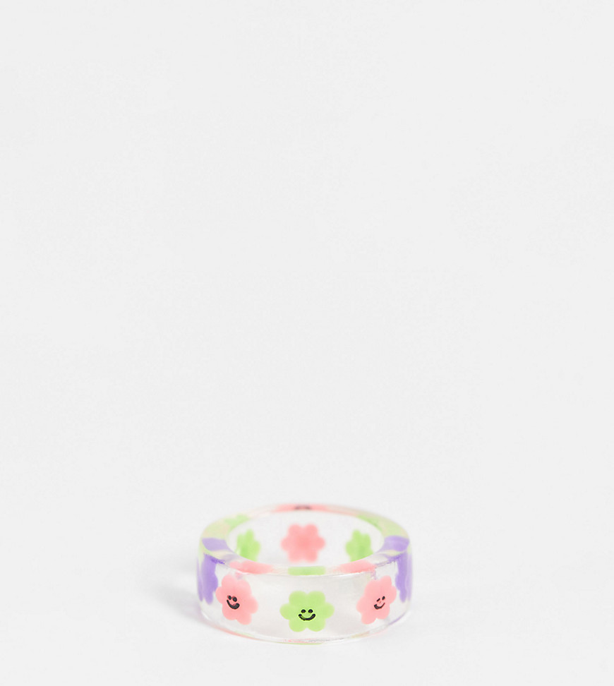 ASOS DESIGN Curve ring with novelty flowers in clear plastic
