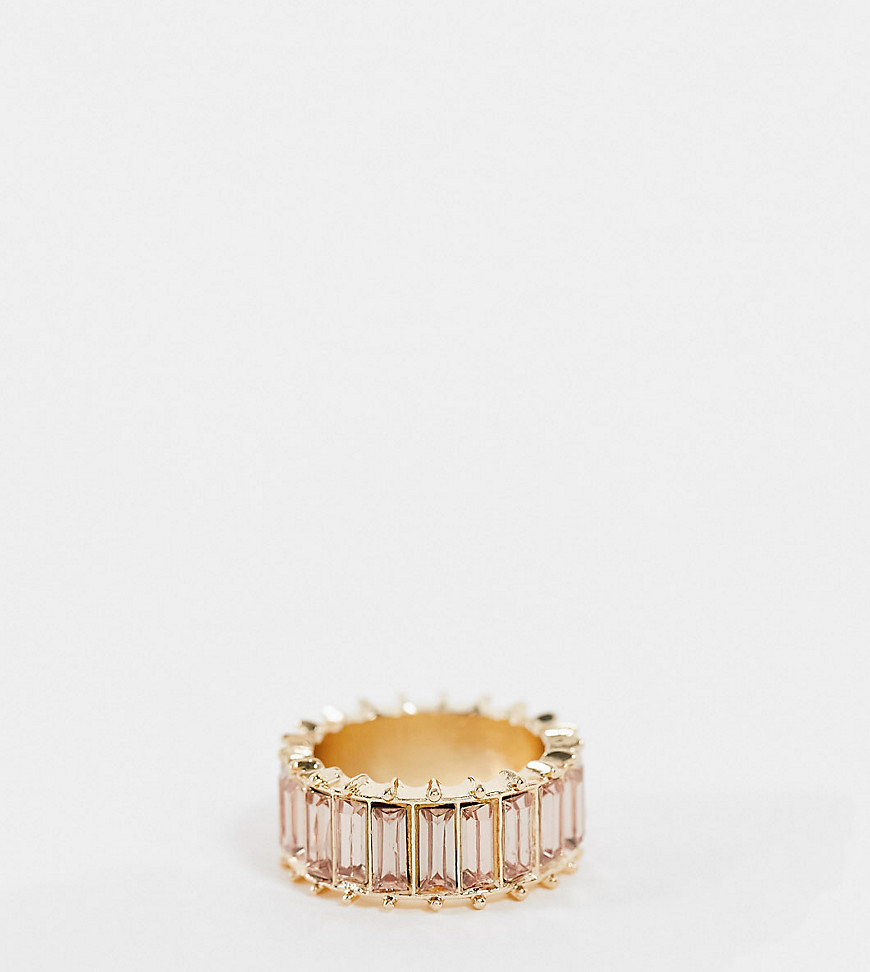 ASOS DESIGN Curve ring with pink baguette stones in gold tone
