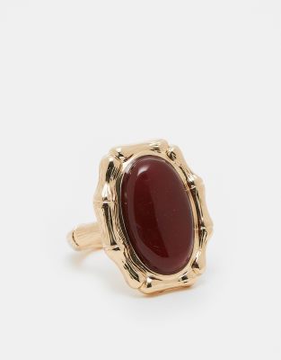 ASOS Curve ASOS DESIGN Curve ring with real semi precious stone and bamboo design in gold tone