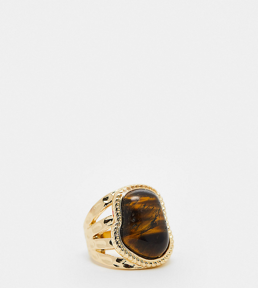 ASOS DESIGN Curve ring with real semi precious tigers eye stone with molten design in gold tone