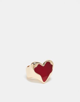 Asos Design Curve Ring With Red Resin Heart Design In Gold Tone