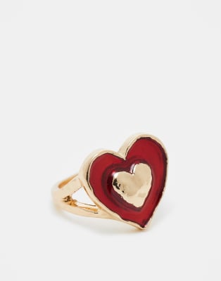 ASOS Curve ASOS DESIGN Curve ring with red resin heart design in gold tone