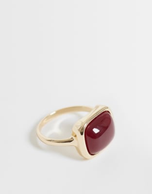 Asos Curve Asos Design Curve Ring With Square Burgundy Resin Stone In Gold