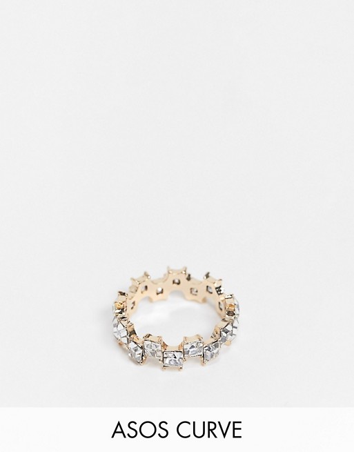 ASOS DESIGN Curve ring with square crystal stones in gold tone