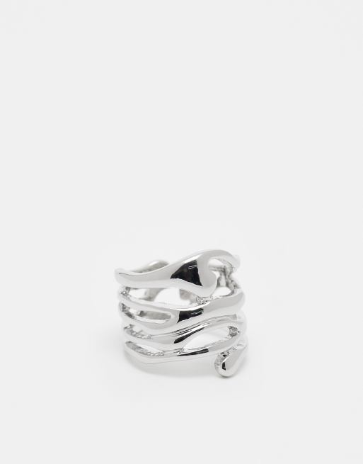 ASOS DESIGN Curve ring with stacked molten design in silver tone