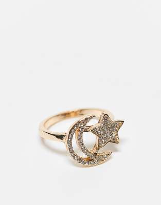 ASOS Curve ASOS DESIGN Curve ring with star and moon design in gold tone