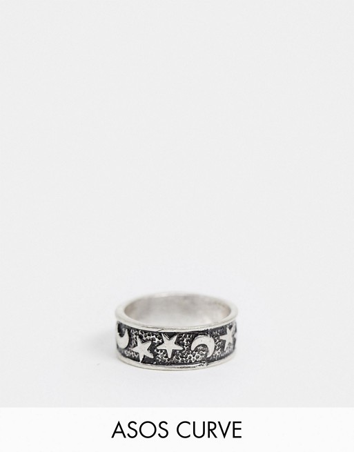 ASOS DESIGN Curve ring with star and moon detail in burnished silver tone