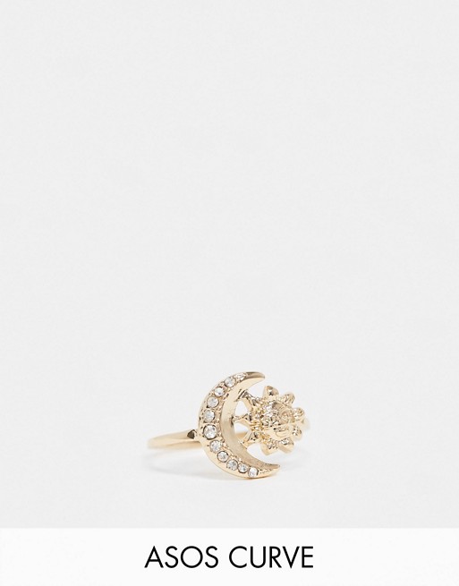 ASOS DESIGN Curve ring with sun and moon design in gold tone