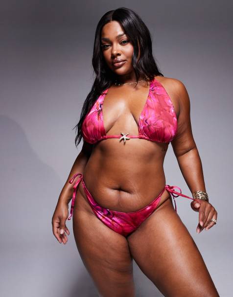 ASOS DESIGN Curve Rio floral print tie side bikini bottom in pink