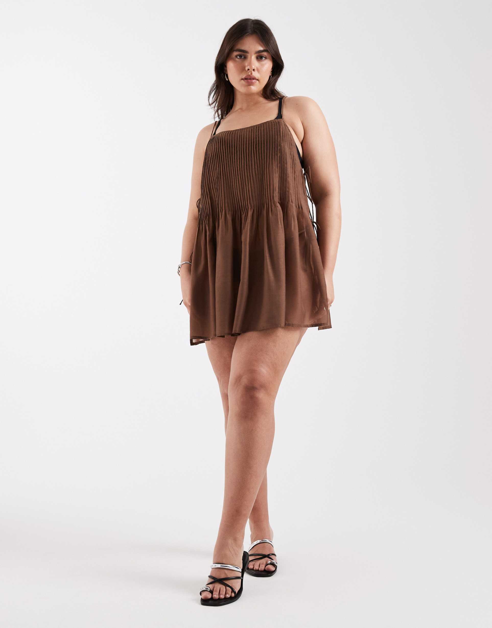 asos design curve rita pleated beach cover up in chocolate