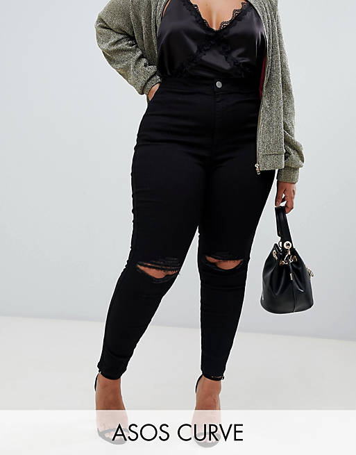 ASOS DESIGN Curve rivington high waisted jeggings with frayed knee rip ...