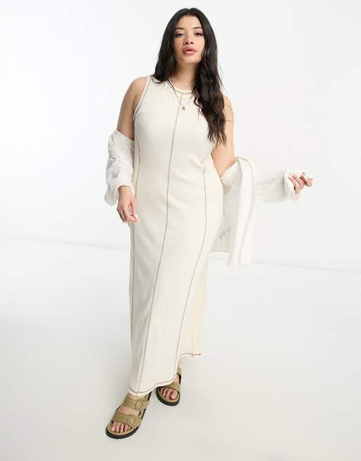 ASOS DESIGN Curve - Ærmeløs maxikjole med kontrasterende syninger i cremehvid