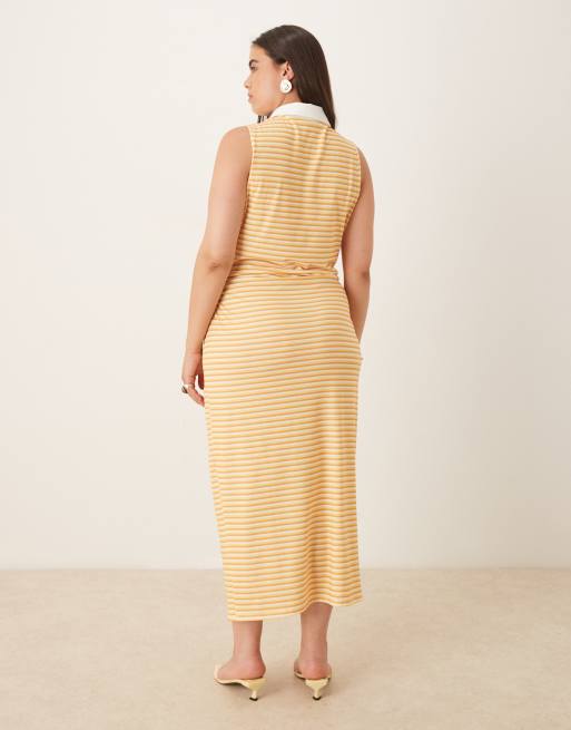 ASOS DESIGN Curve - Ærmeløs midikjole i polostil med rynket talje og striber, 3 af 4