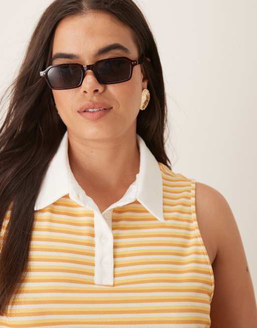 ASOS DESIGN Curve - Ærmeløs midikjole i polostil med rynket talje og striber, 4 af 4