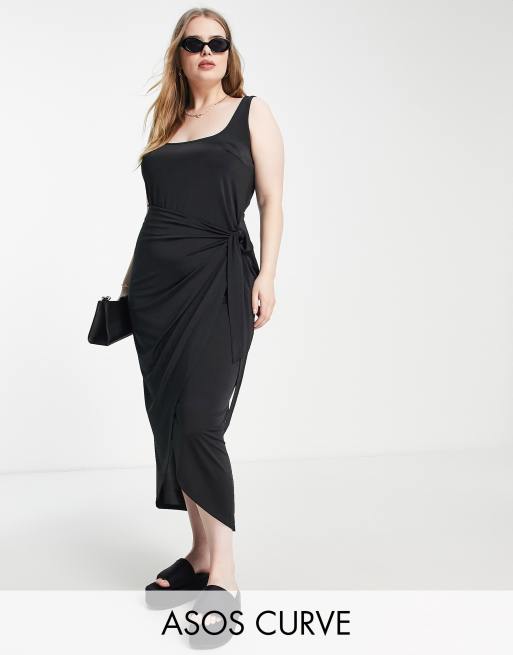 ASOS DESIGN Curve - Ærmeløs sort midikjole med sarong-nederdel og firkantet hals 