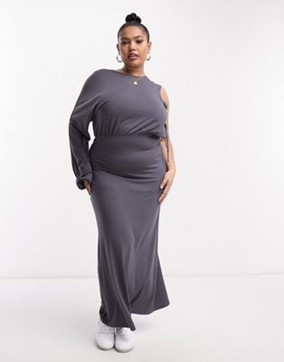 ASOS DESIGN Curve blouson one sleeve maxi dress with tie side in charcoal - ASOS Price Checker