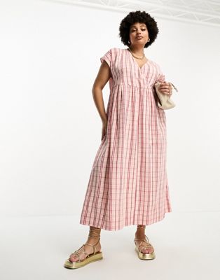 ASOS DESIGN Curve cotton v neck midi smock dress in pink check - ASOS Price Checker