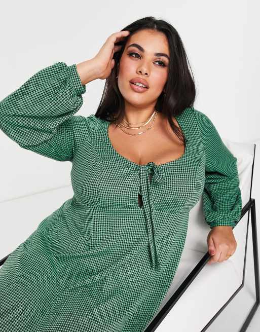 ASOS DESIGN Curve Robe babydoll courte a manches longues et liens a imprime pied de poule Vert et noir ASOS