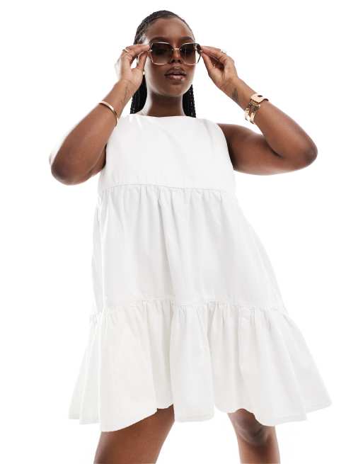 ASOS DESIGN Curve - Robe babydoll courte à volants en jean souple - Écru, 2 de 4