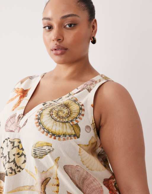 ASOS DESIGN Curve - Robe babydoll courte en coton et lin à col V et imprimé coquillages - Multicolore, 2 de 4