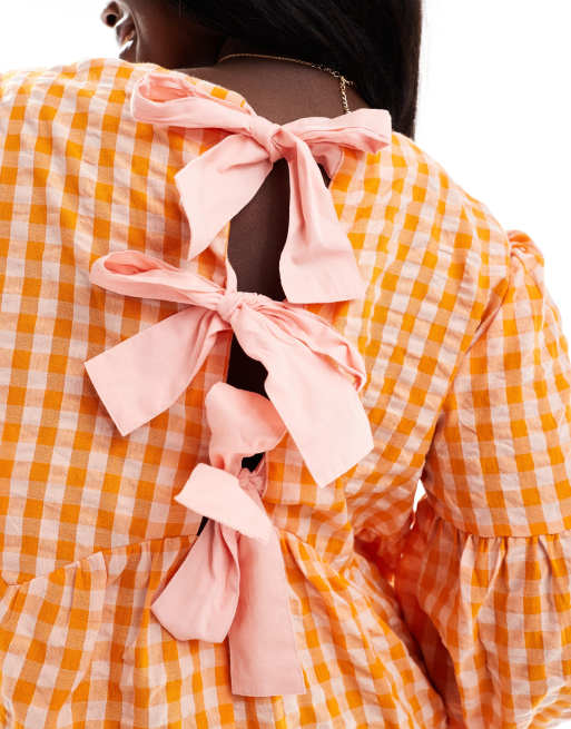 ASOS DESIGN Curve - Robe babydoll courte en tissu texturé - Vichy orange/rose, 2 de 4