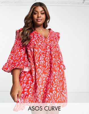 ASOS DESIGN Curve cord mini smock dress with ruffle shoulder in red abstract print  - ASOS Price Checker
