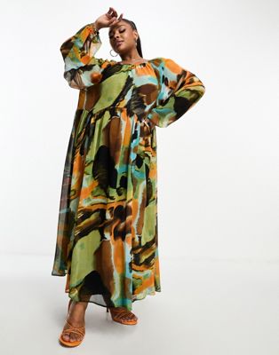 ASOS DESIGN Curve chiffon maxi smock dress with scallop waist in abstract print - ASOS Price Checker